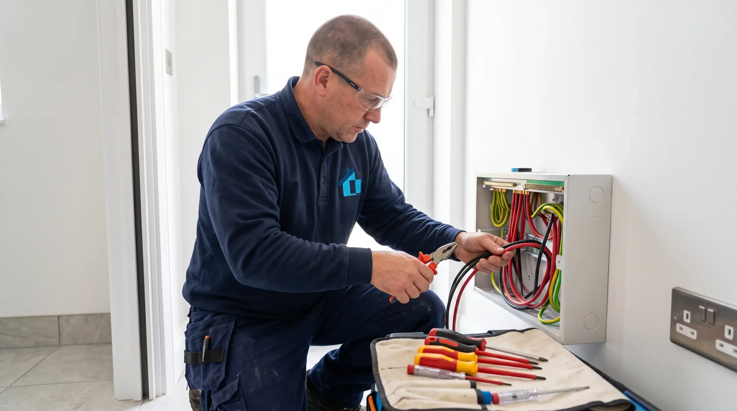 Electrician fitting a new consumer unit in a South East London home