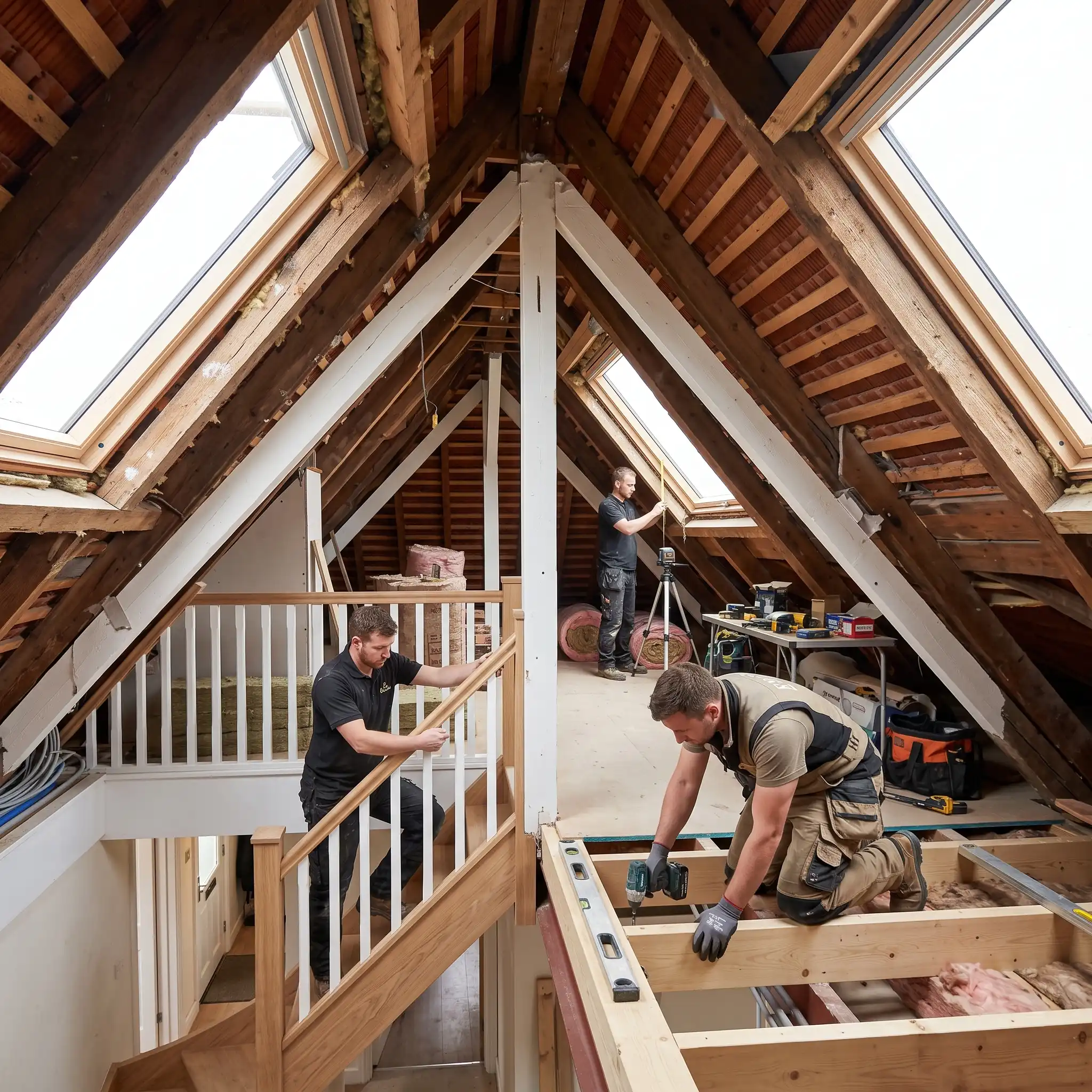 Converted loft bedroom with a pitched ceiling and roof lights