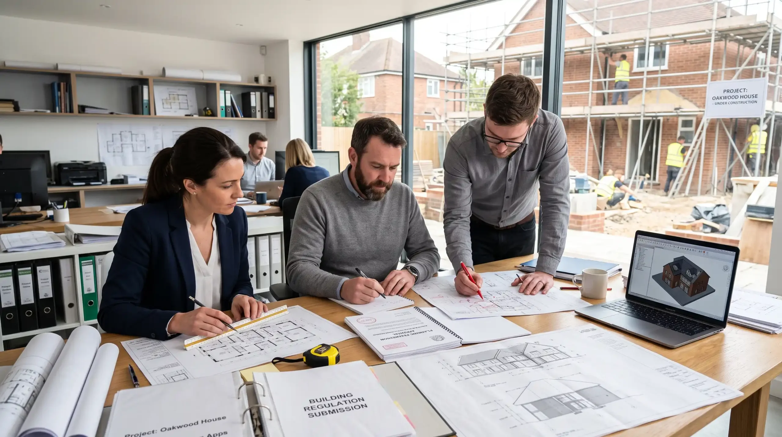 Architectural drawings and planning documents on site