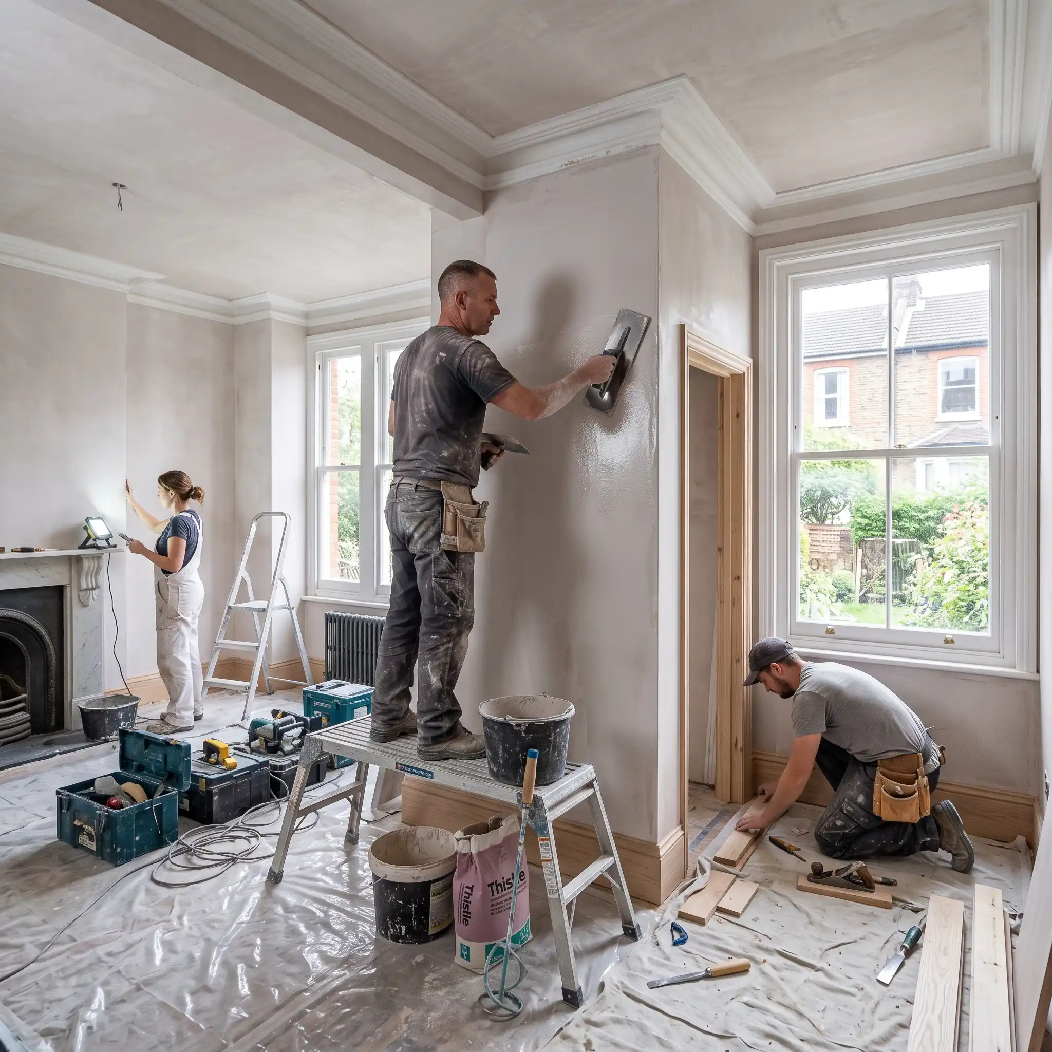 Plasterer applying a smooth skim coat to an internal wall