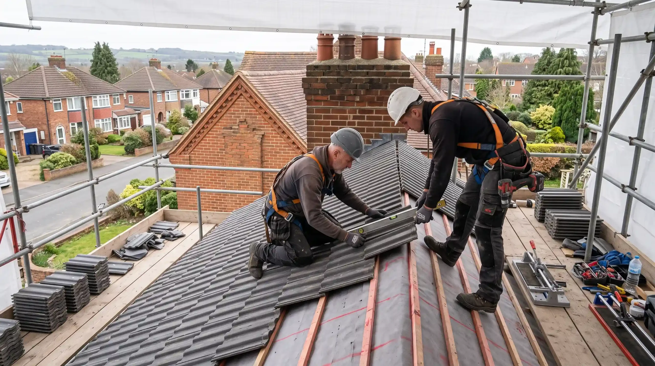 Roofer fitting tiles on a pitched roof
